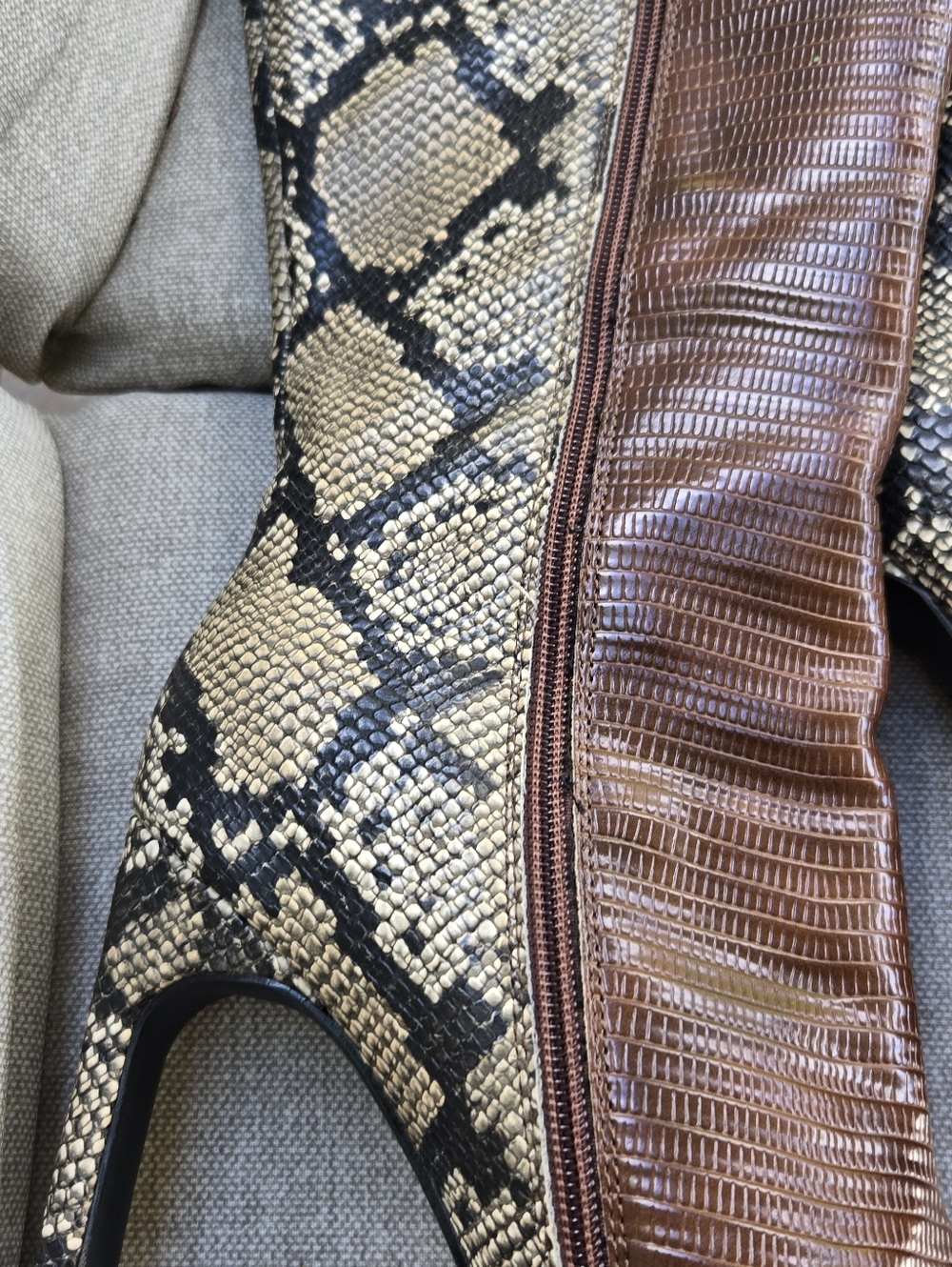 Shoe Dazzle Kioni Brown Snakeskin-Print Knee Boots with Gold Zip - Picture 4 of 16